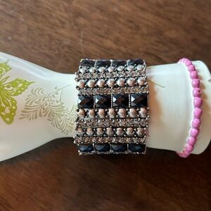 RHINSTONE black and silver bracelet Cuff 1.75” wide